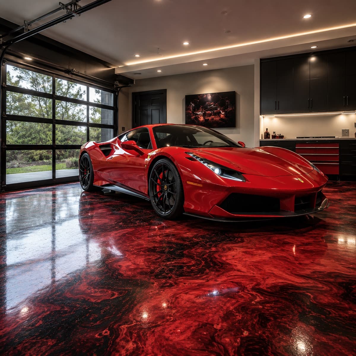 Metallic epoxy garage floor with Ferrari