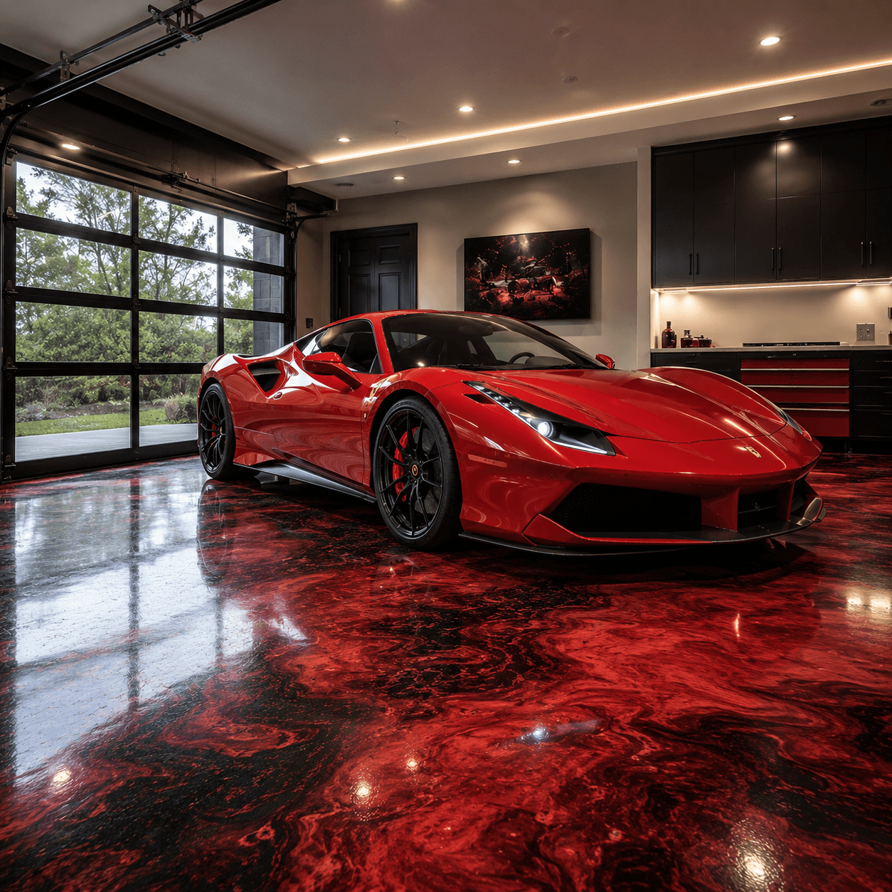 Metallic epoxy garage floor with Ferrari