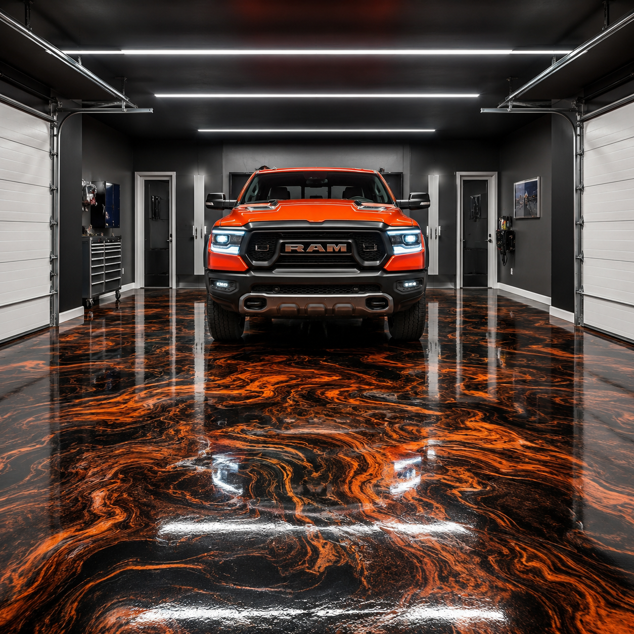 Orange metallic epoxy garage floor with RAM truck